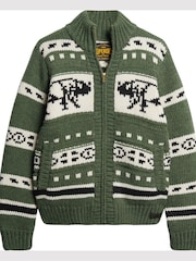 Superdry Buffalo Green Chunky Knit Patterened Zip Through Jumper - Image 5 of 7