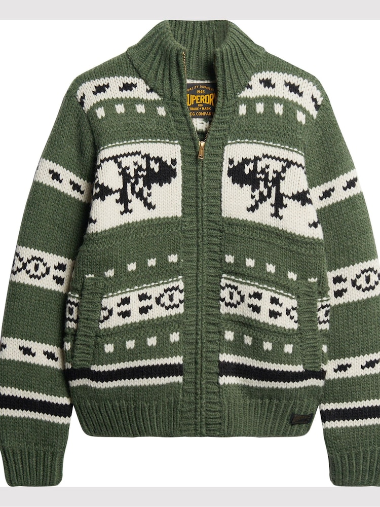 Superdry Buffalo Green Chunky Knit Patterened Zip Through Jumper - Image 5 of 7