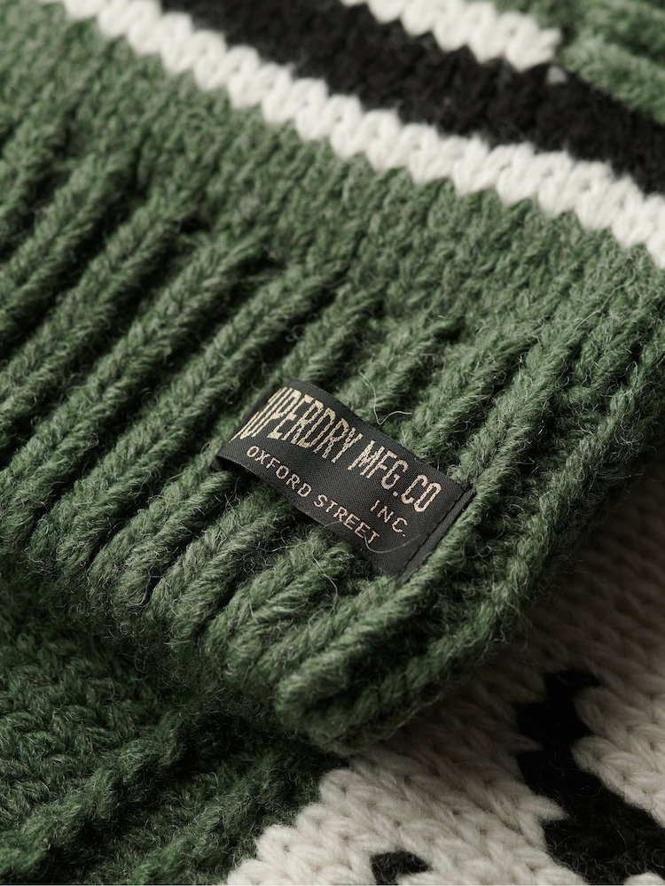 Superdry Buffalo Green Chunky Knit Patterened Zip Through Jumper - Image 6 of 7