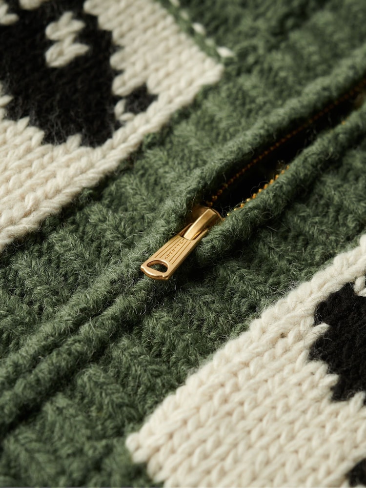 Superdry Buffalo Green Chunky Knit Patterened Zip Through Jumper - Image 7 of 7