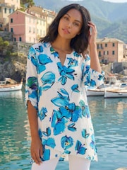 Roman Blue Floral Wrap Hem Stretch Tunic Top - Image 1 of 4