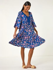 Roman Blue Floral Print Lace Detail Smock Dress - Image 1 of 5