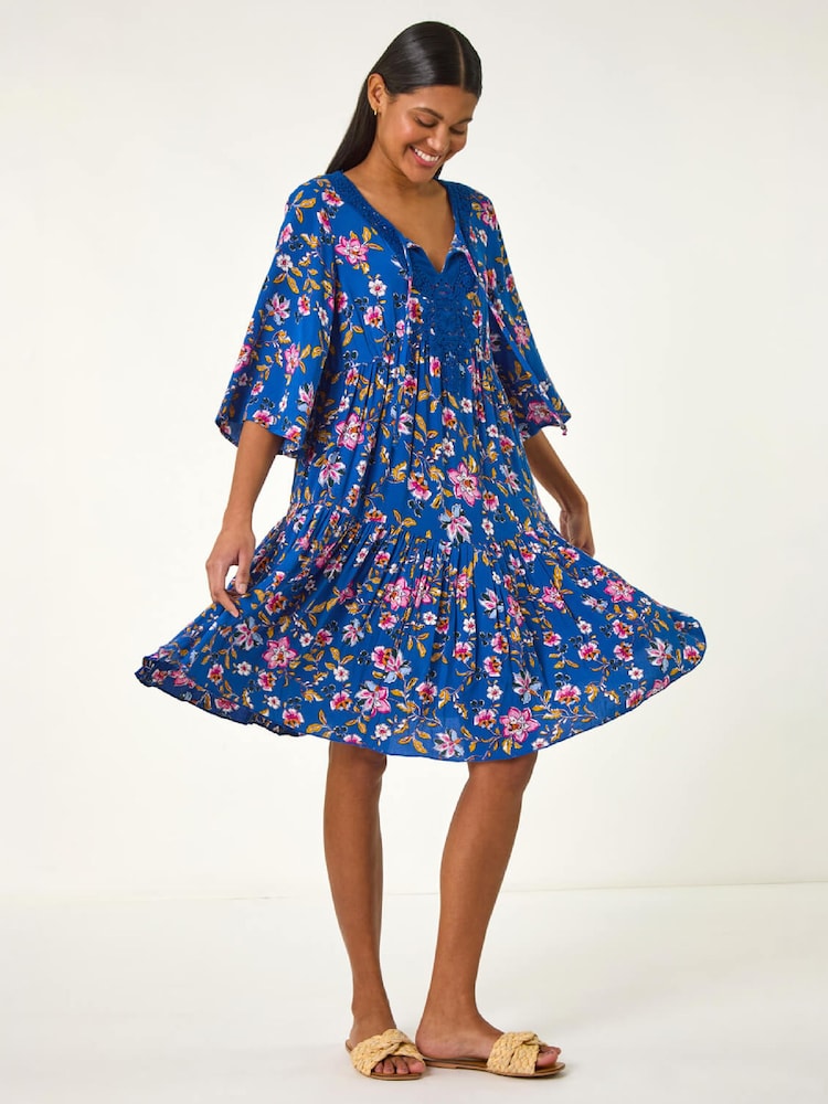Roman Blue Floral Print Lace Detail Smock Dress - Image 1 of 5 Roman Blue Floral Print Lace Detail Smock Dress - Image 1 of 5
