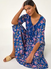 Roman Blue Floral Print Lace Detail Smock Dress - Image 2 of 5