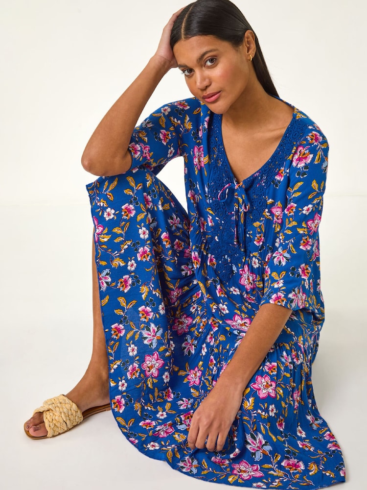 Roman Blue Floral Print Lace Detail Smock Dress - Image 2 of 5 Roman Blue Floral Print Lace Detail Smock Dress - Image 2 of 5