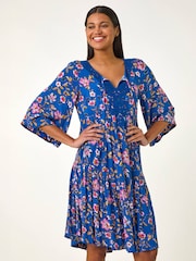 Roman Blue Floral Print Lace Detail Smock Dress - Image 4 of 5