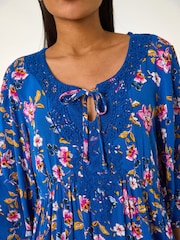 Roman Blue Floral Print Lace Detail Smock Dress - Image 5 of 5