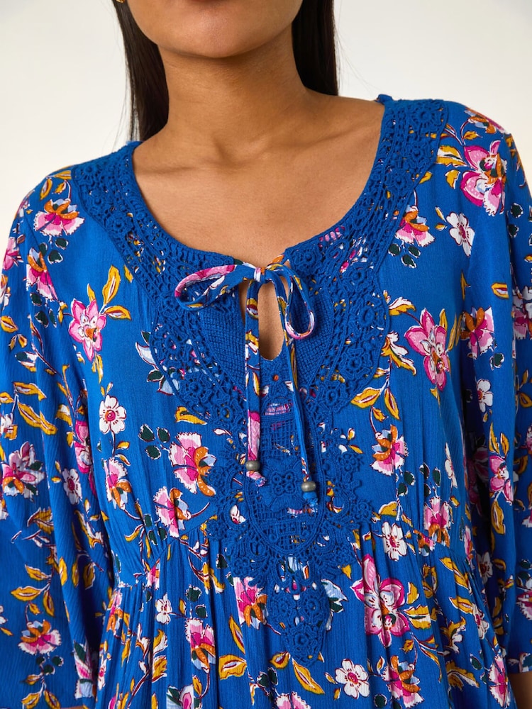 Roman Blue Floral Print Lace Detail Smock Dress - Image 5 of 5 Roman Blue Floral Print Lace Detail Smock Dress - Image 5 of 5