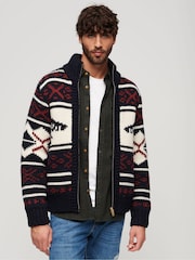Superdry Navy Multi Chunky Knit Patterened Zip Through Jumper - Image 1 of 7
