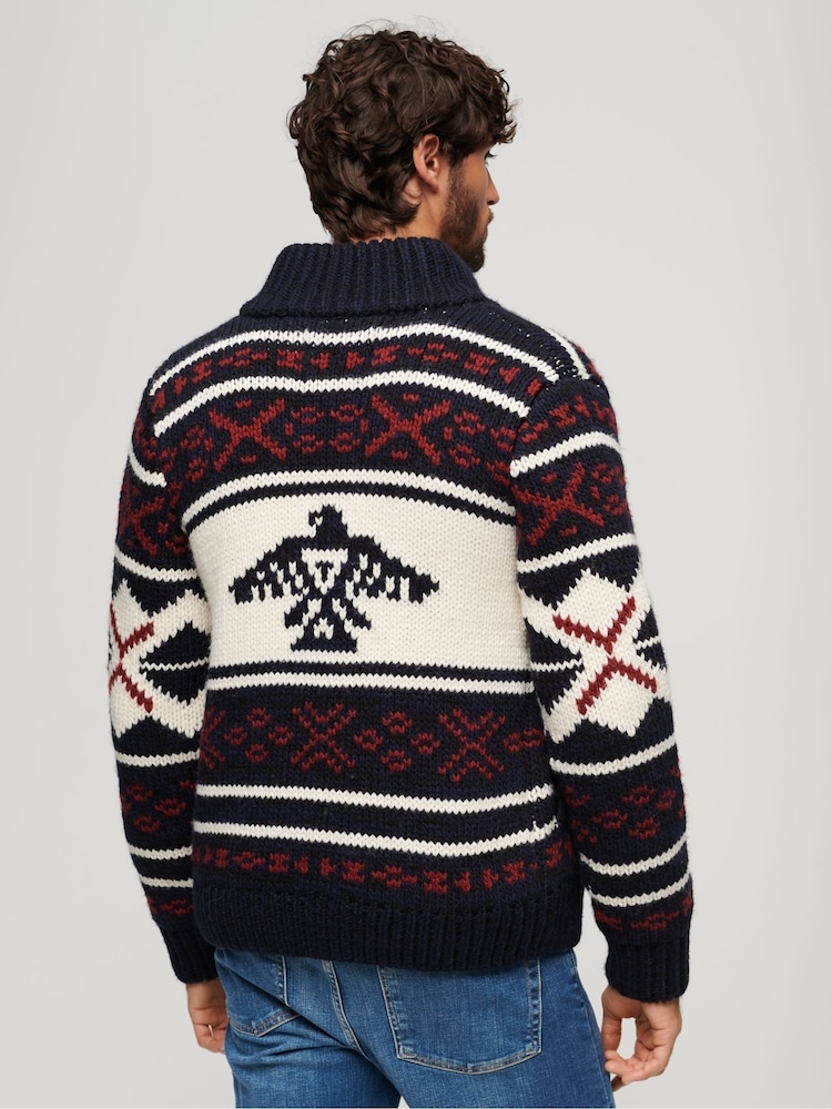 Superdry Navy Multi Chunky Knit Patterened Zip Through Jumper - Image 2 of 7