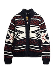 Superdry Navy Multi Chunky Knit Patterened Zip Through Jumper - Image 4 of 7