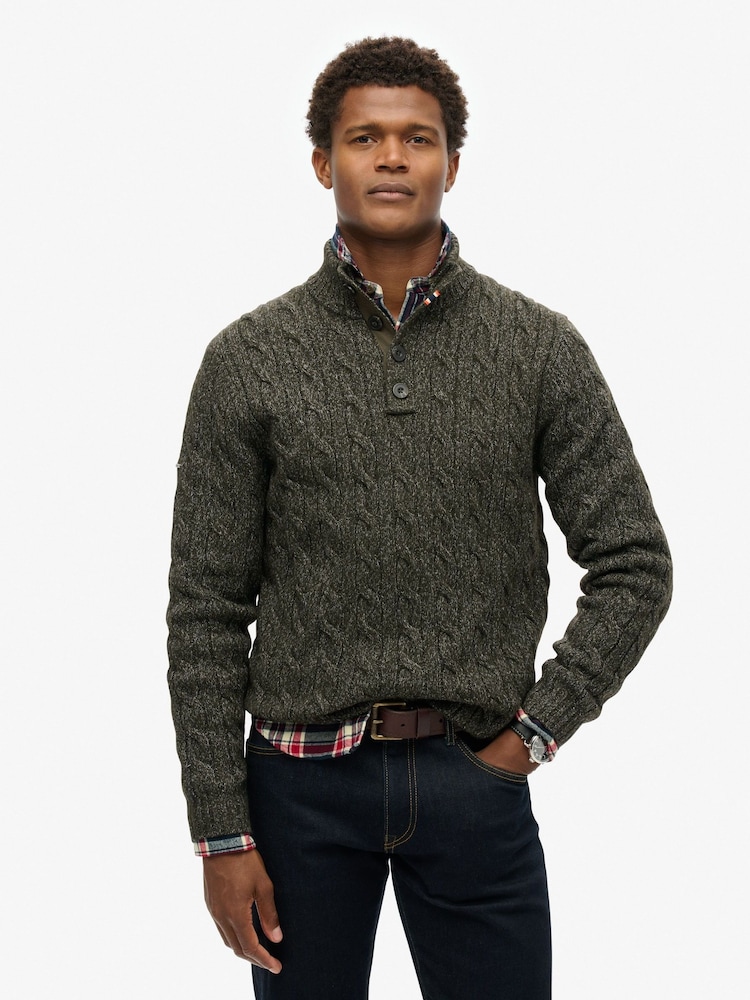 Superdry Olive Green Cable Button Neck Jumper - Image 1 of 6