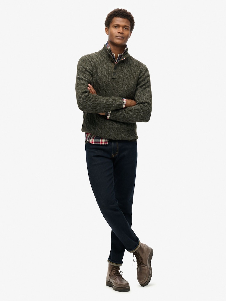 Superdry Olive Green Cable Button Neck Jumper - Image 2 of 6