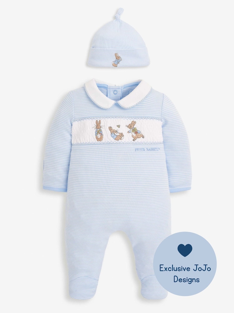 JoJo Maman Bébé Blue 2-Piece Peter Rabbit Smocked Baby Sleepsuit & Hat Set - Image 1 of 5
