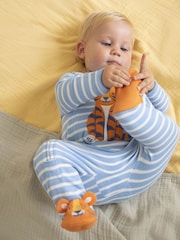 JoJo Maman Bébé Blue Tiger Appliqué Zip Cotton Baby Sleepsuit - Image 1 of 6