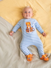 JoJo Maman Bébé Blue Tiger Appliqué Zip Cotton Baby Sleepsuit - Image 2 of 6