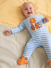 JoJo Maman Bébé Blue Tiger Appliqué Zip Cotton Baby Sleepsuit - Image 3 of 6