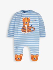 JoJo Maman Bébé Blue Tiger Appliqué Zip Cotton Baby Sleepsuit - Image 4 of 6