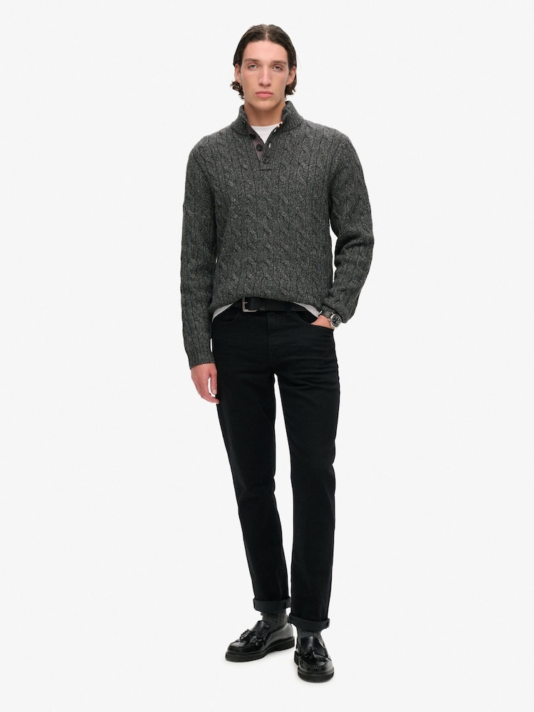 Superdry Washed Black Cable Button Neck Jumper - Image 2 of 5