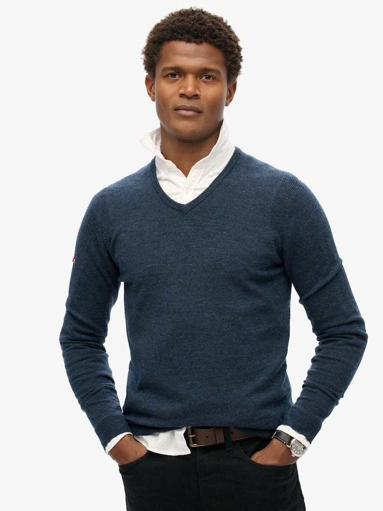 Superdry French Navy Merino V-Neck Jumper - Image 1 of 5