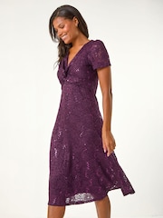 Roman Purple Sequin Lace Twist Front Midi Dress - Image 2 of 5