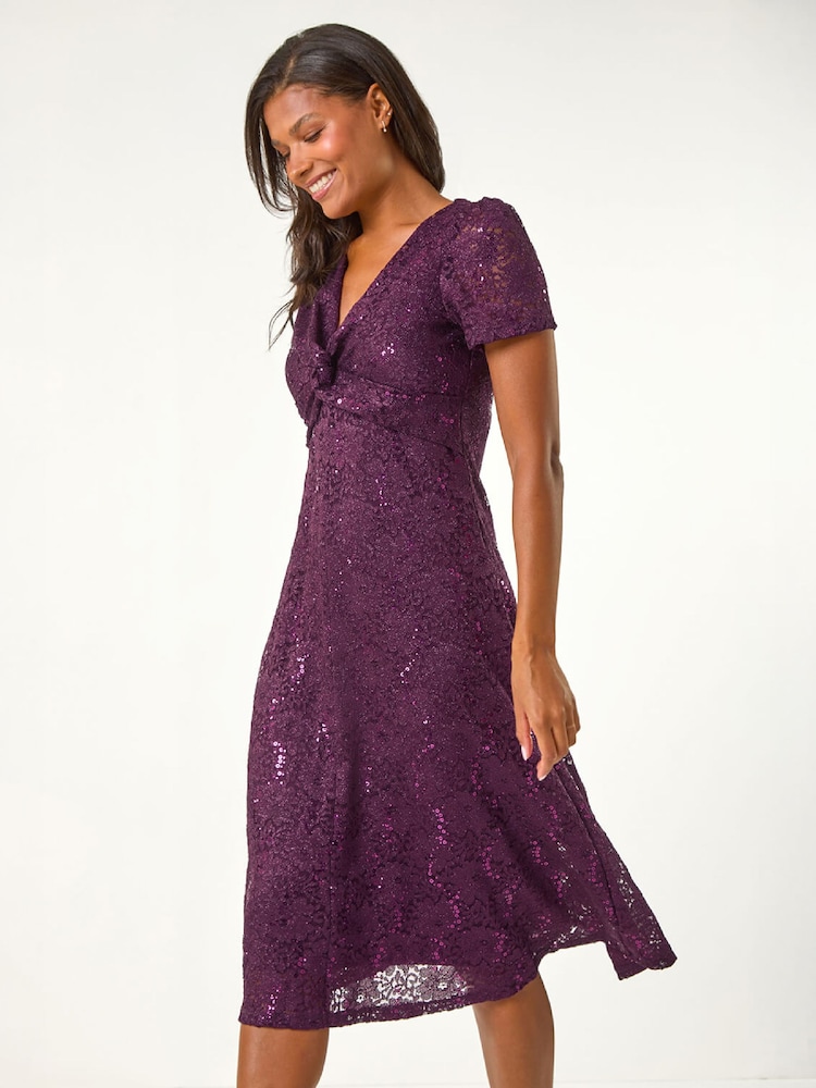 Roman Purple Sequin Lace Twist Front Midi Dress - Image 2 of 5