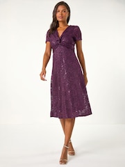 Roman Purple Sequin Lace Twist Front Midi Dress - Image 3 of 5
