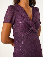 Roman Purple Sequin Lace Twist Front Midi Dress - Image 5 of 5
