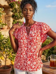 紅色 - Roman 花卉風印花褶邊袖綁帶上衣 - 圖片 2，共 4