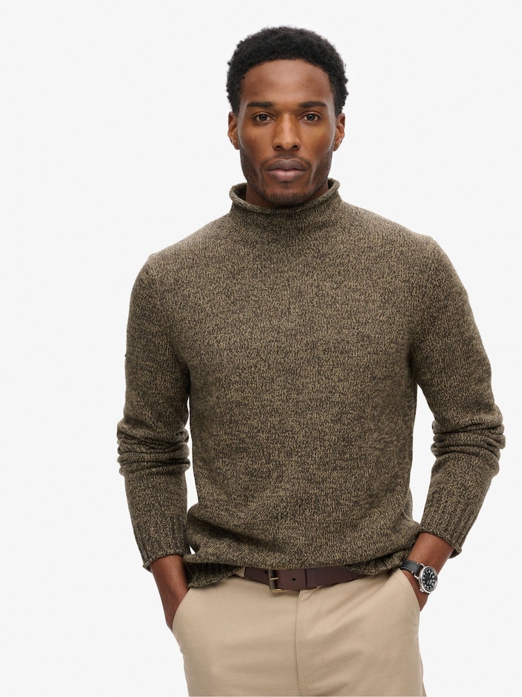 Superdry Deep Khaki Marl 90s Roll Neck Jumper - Image 1 of 4