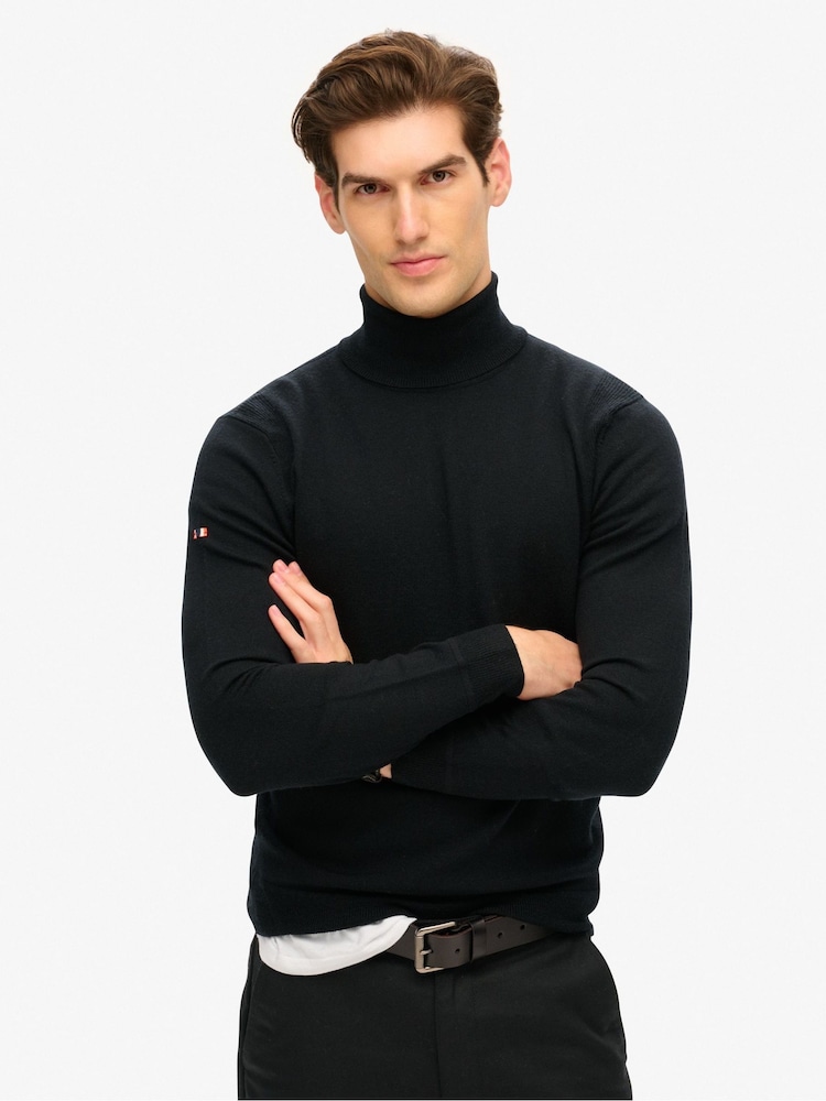Superdry Black Merino Roll Neck Slim Fit Jumper - Image 1 of 3