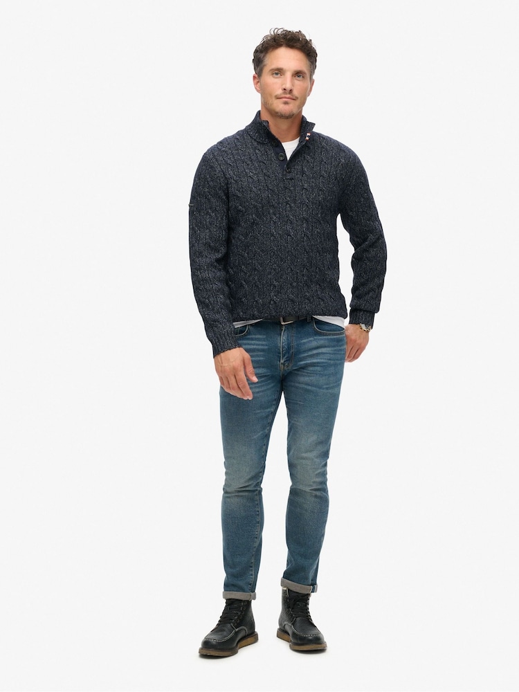 Superdry Darkest Navy Cable Button Neck Jumper - Image 2 of 5