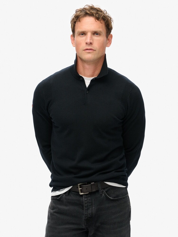 Superdry Black Merino Long Sleeve Polo Jumper - Image 1 of 5