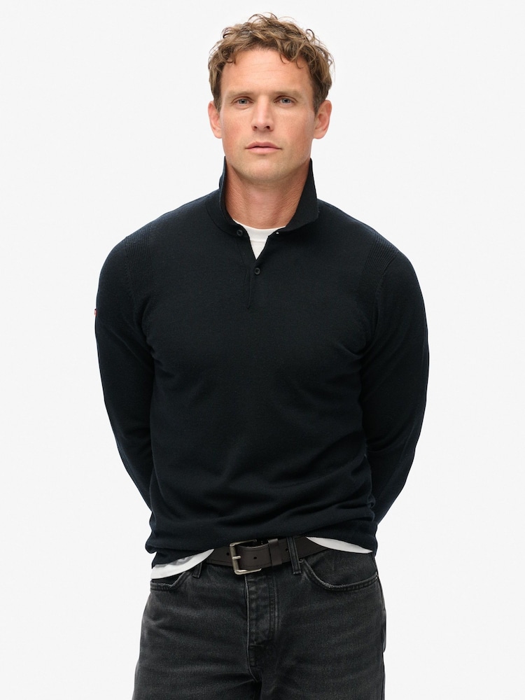 Superdry Black Merino Long Sleeve Polo Jumper - Image 1 of 5 Superdry Black Merino Long Sleeve Polo Jumper - Image 1 of 5