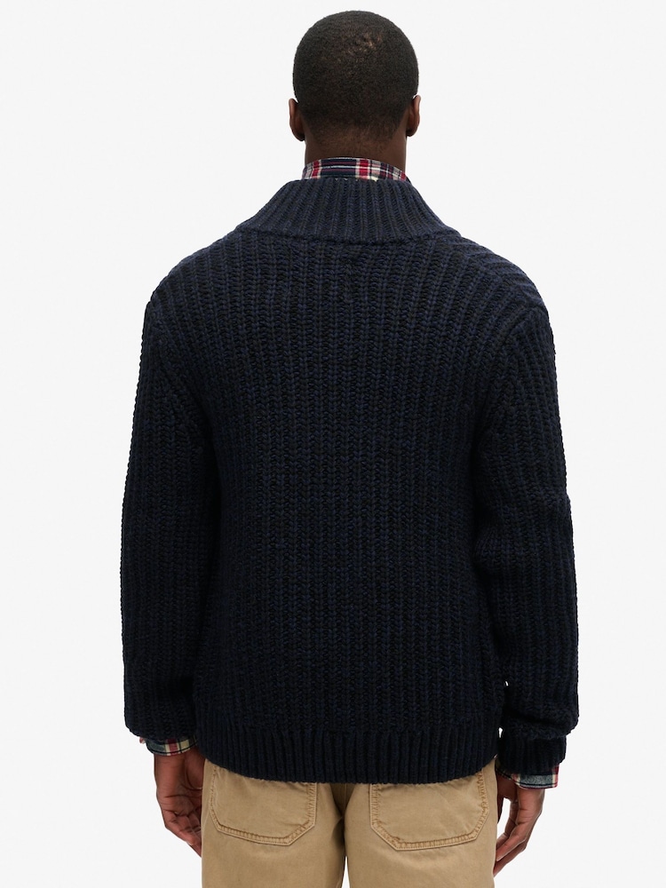 Superdry Navy Black Twist Chunky Knit Zip Through Cardigan - Image 3 of 7