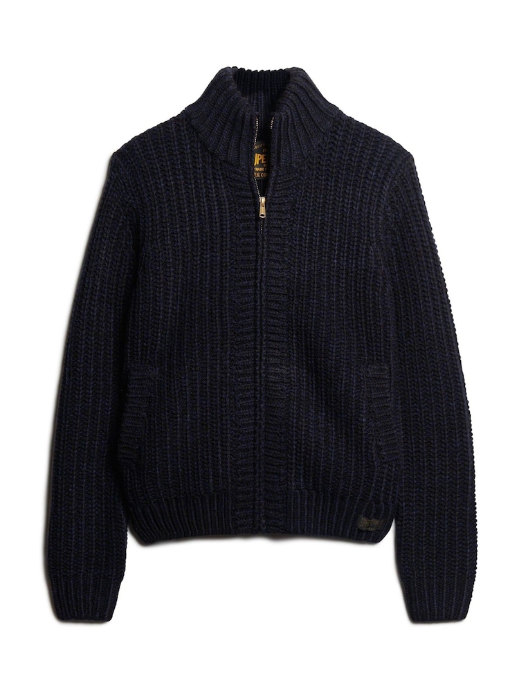 Superdry Navy Black Twist Chunky Knit Zip Through Cardigan - Image 5 of 7