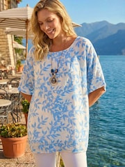 Roman Blue Leaf Print Necklace Detail Tunic Top - Image 1 of 3