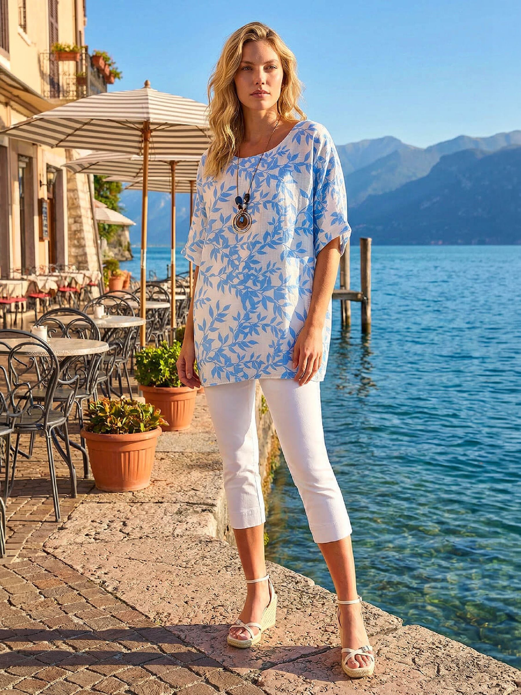 Buy Roman Blue Leaf Print Necklace Detail Tunic Top from the Next