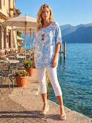 Roman Blue Leaf Print Necklace Detail Tunic Top - Image 2 of 3