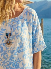Roman Blue Leaf Print Necklace Detail Tunic Top - Image 3 of 3