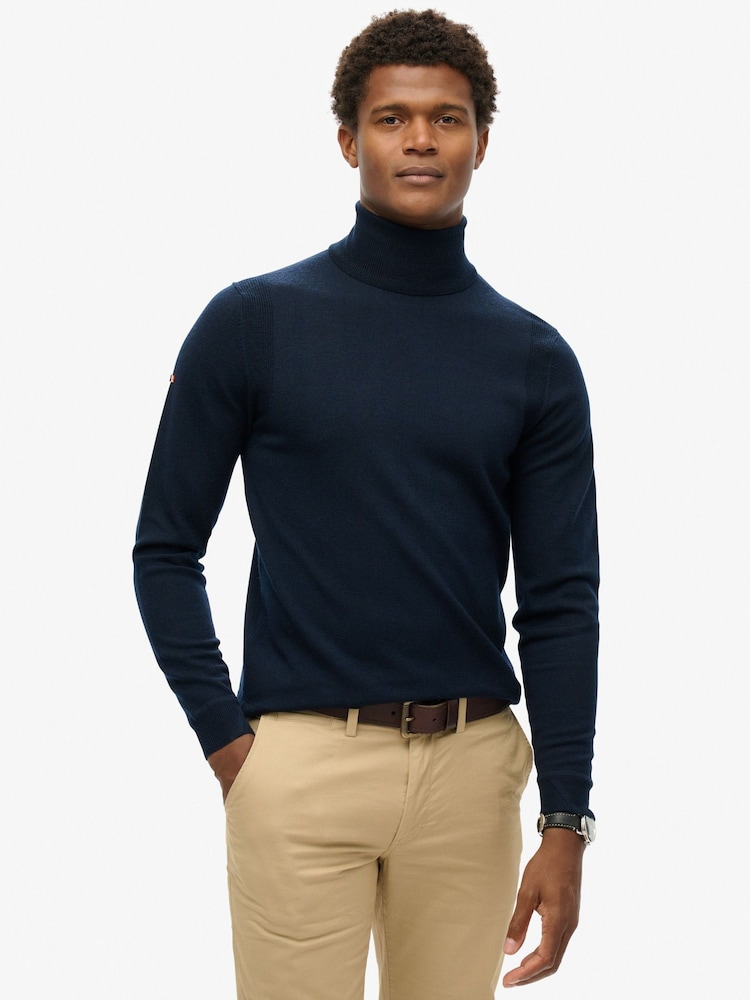 Superdry Darkest Navy Merino Roll Neck Slim Fit Jumper - Image 1 of 6