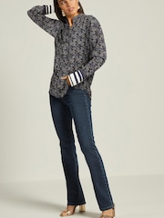 Navy Blue Printed Long Sleeve Overhead V-Neck Relaxed Fit Blouse - Image 2 of 7