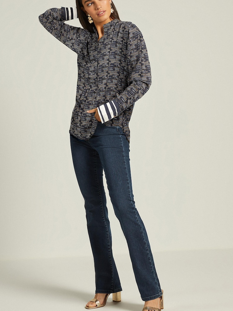 Navy Blue Printed Long Sleeve Overhead V-Neck Relaxed Fit Blouse - Image 2 of 7