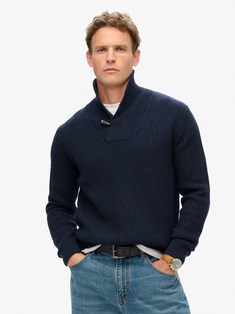 Superdry Navy Merchant Shawl Neck Jumper - Image 2 of 5 Superdry Navy Merchant Shawl Neck Jumper - Image 2 of 5