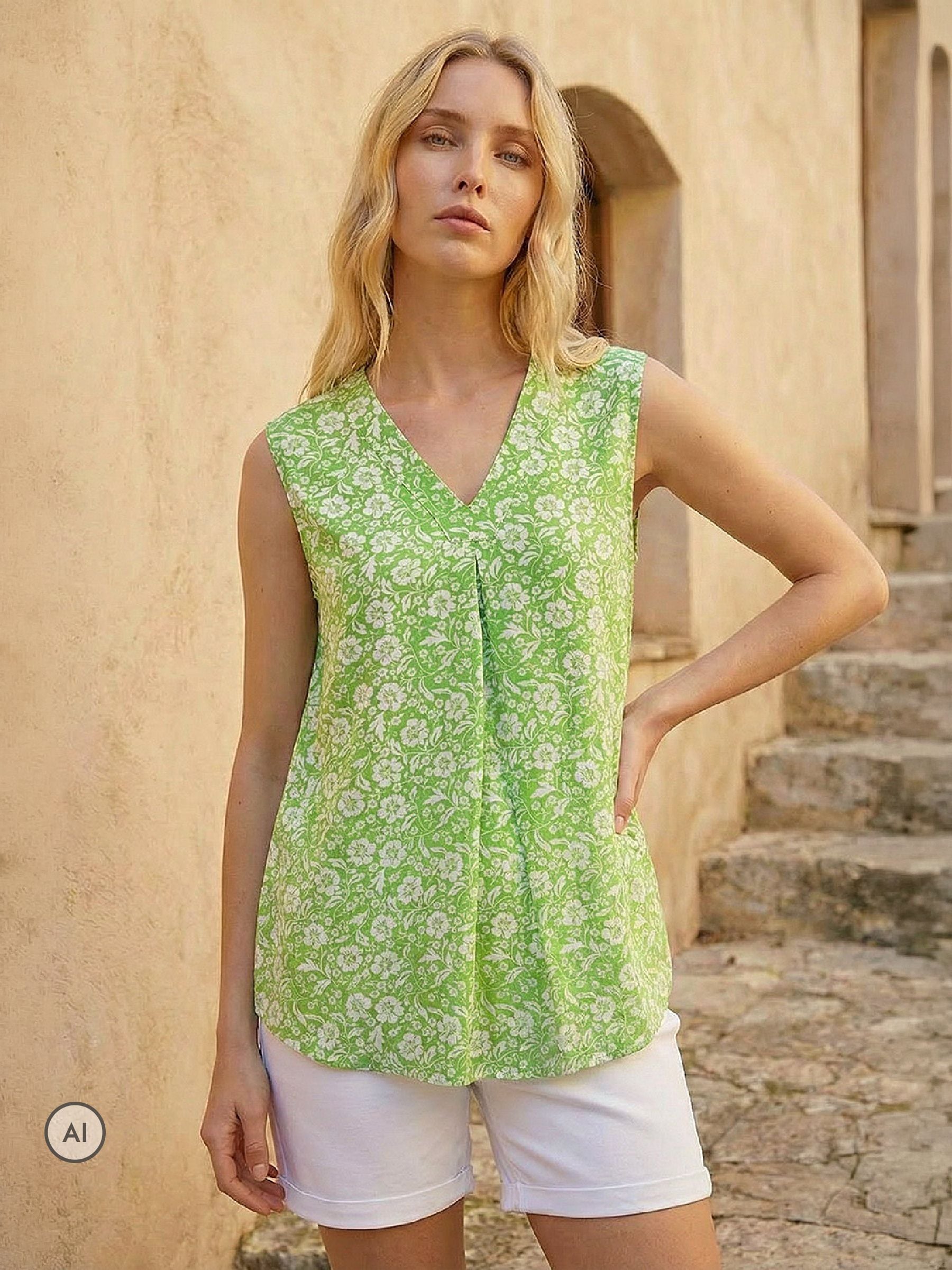 Roman Women's Green Floral V-Neck Vest Top
