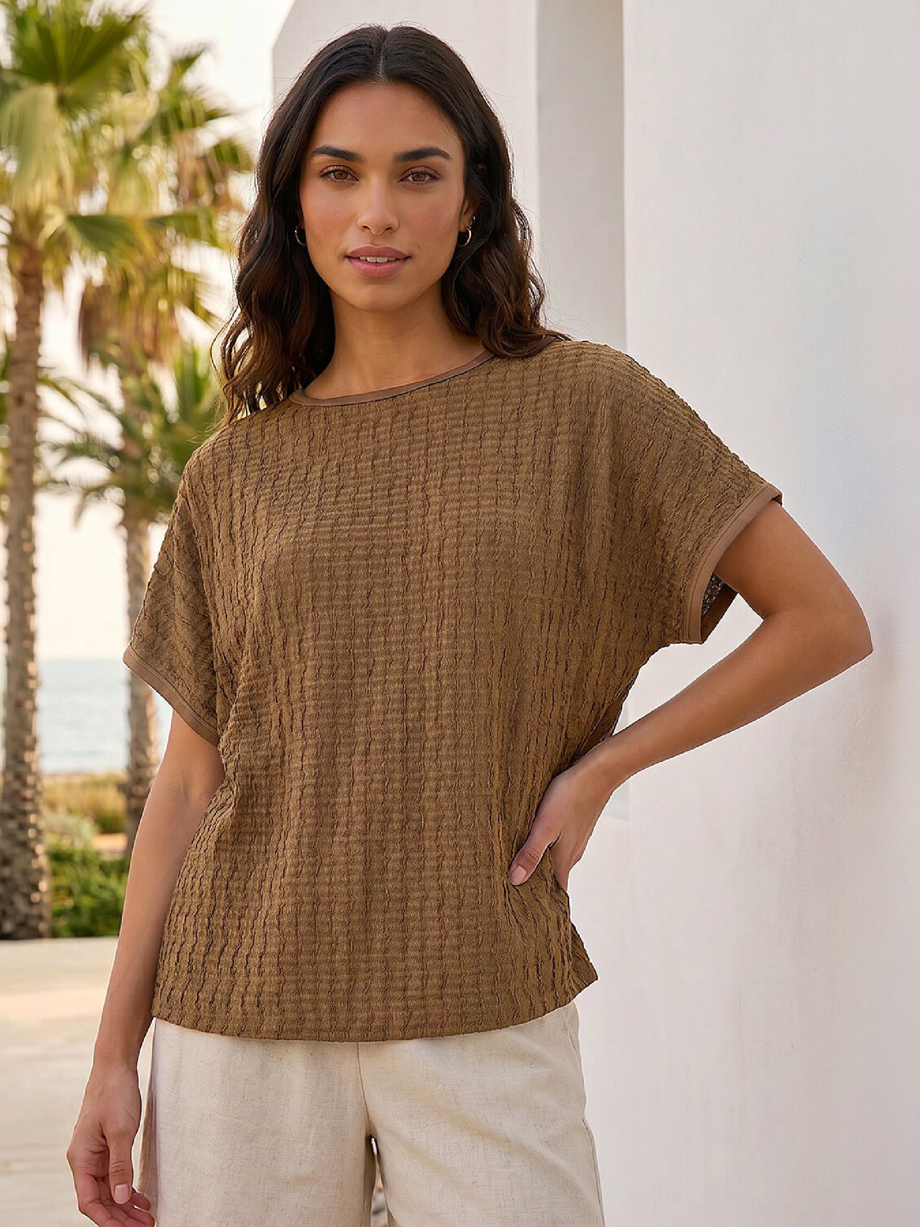 Roman Women's Brown Textured Stretch Tunic Top