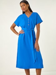 Roman Blue Button Linen Mix Midi Dress - Image 1 of 5