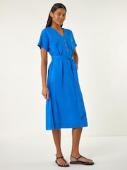 Roman Blue Button Linen Mix Midi Dress - Image 2 of 5