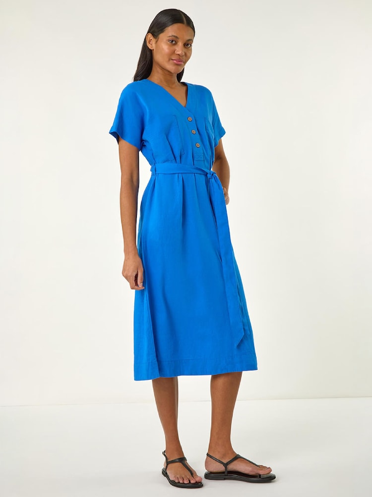 Roman Blue Button Linen Mix Midi Dress - Image 2 of 5 Roman Blue Button Linen Mix Midi Dress - Image 2 of 5