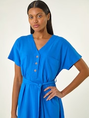 Roman Blue Button Linen Mix Midi Dress - Image 4 of 5